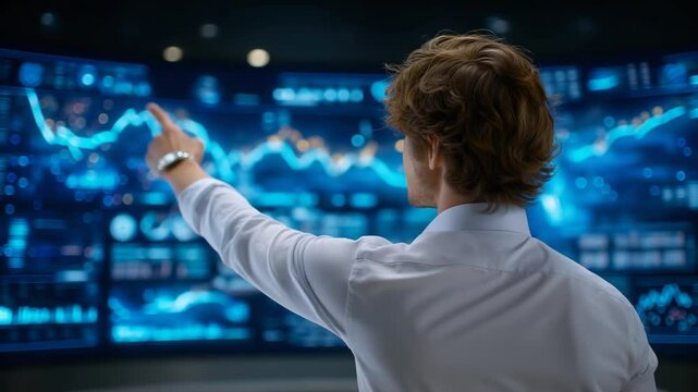 Confident investor planning a diversification strategy on digital screen