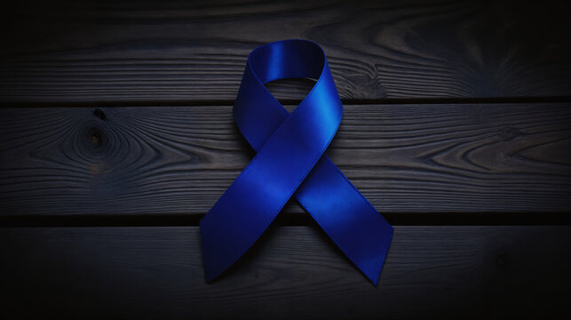 Blue Awareness Ribbon – Symbol of Solidarity Against Human Trafficking on Dark Wooden Background for Advocacy Campaigns, Educational Materials, and World Day Against Trafficking in Persons