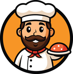 Cartoon chef character with dish in circle logo