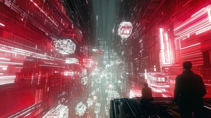 Two figures contemplate a futuristic cityscape glowing red and white.