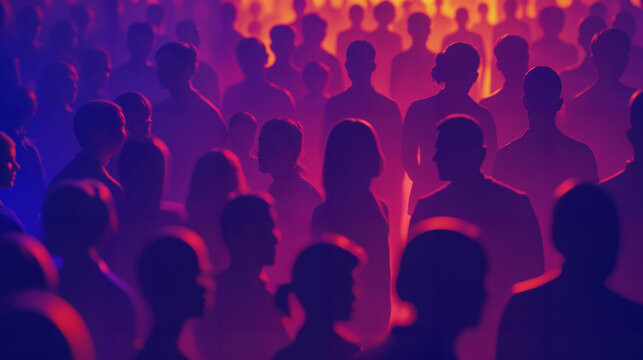 Crowded Silhouettes in Purple and Red Light – Dense Human Figures Representing Population Growth for Demographics, Social Studies, and World Population Day Campaigns
