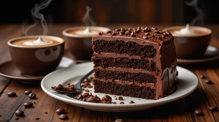 Chocolate Layer Cake with Coffee - Rich Dessert Slice with Chocolate Sprinkles on Rustic Table for International Cake Day Celebrations and Bakery Promotions