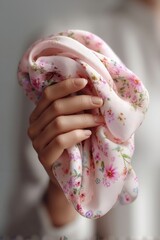 A woman holding a pink scarf with flowers on it