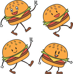 Four happy cartoon burgers dancing