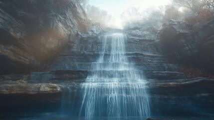 A Serene Waterfall Cascades Down Misty Cliffs