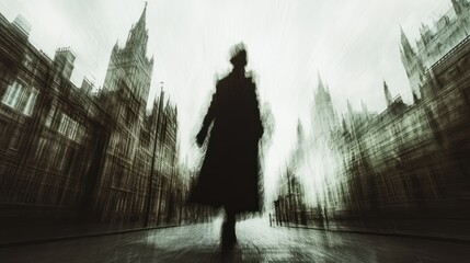 A solitary figure walks through a blurred city streetscape
