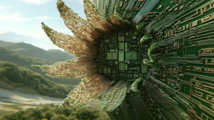 A bio-circuitry blossom unfolds against a verdant landscape.