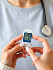 Woman's hands checking diabetes and hyperglycemia with digital blood sugar meter. Healthcare and medical concept