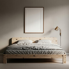 Mockup poster frame above minimalist wooden bed in modern bedroom interior with neutral tones and soft lighting