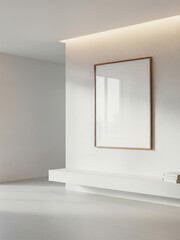 Mockup poster frame in minimalist interior with white textured wall, floating bench, and natural lighting