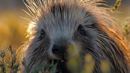 A North American porcupine basks in the golden sunset light.