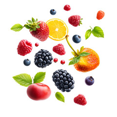 Colorful Berries and Fruit Falling Black Background