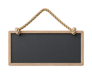 Blank chalkboard sign with wooden frame and rope for custom messages