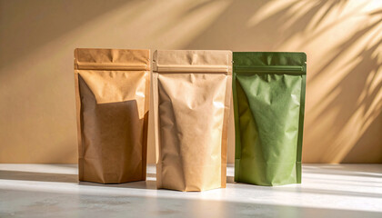 Kraft and Green Stand-Up Pouches with Shadows