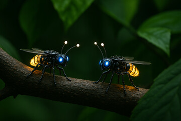 Futuristic Robotic Fireflies with Glowing Tails on Tree Branch. how will be the nature in the future.