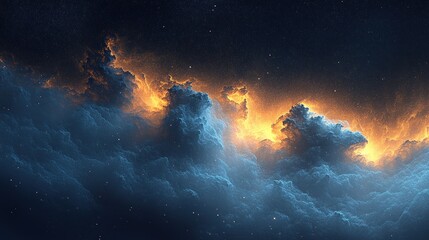 Celestial cloudscape ablaze with golden light against a dark starry sky