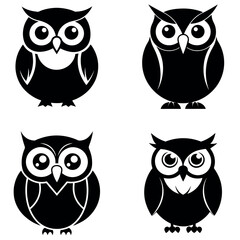 Four Black and White Stylized Owl Illustrations with Different Artistic Designs Depicted Together