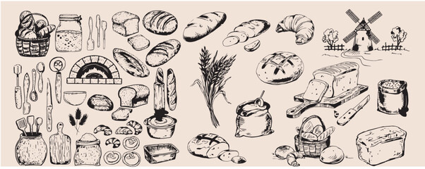 Hand-drawn bakery and bread doodle vector set featuring a variety of artisanal bread, pastries, wheat, baking tools, and oven elements.