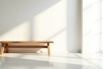Fototapeta premium Minimalist Wooden Bench in Sunlit Room with White Wall