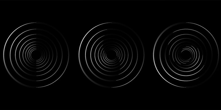 Sound pulsation circles set. Vector illustration of purple radio waves isolated on black background.