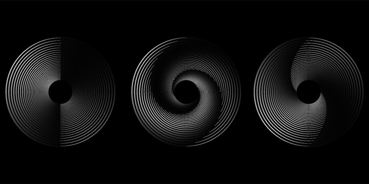 Sound pulsation circles set. Vector illustration of purple radio waves isolated on black background.