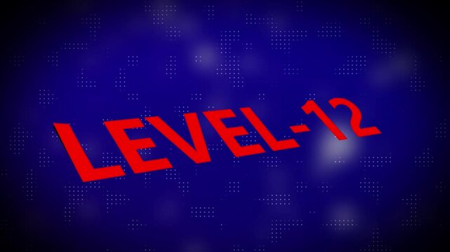 3d text level concept. Level 12 text animation with holographic gradient and dot pattern on black background