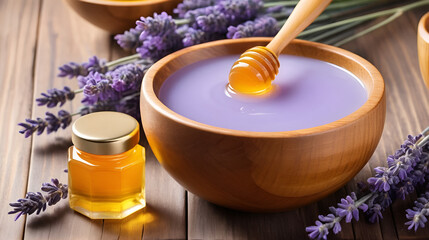 Lavender honey balm, wooden bowl, floral background, spa