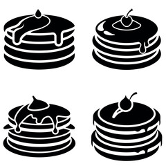 Black and White Illustration of Pancake Stacks Topped with Syrup and Cherries