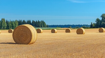 Hay bales dot a golden field under a clear sky.