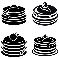 Black and White Illustration of Stacked Pancakes with Various Topping Styles and Sauces