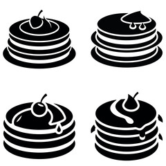 Black and White Pancake Stack Icons with Cherries and Dripping Syrup Illustration Set