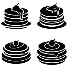 Four Black and White Images of Stacked Pancakes with Cherry Toppings and Syrup