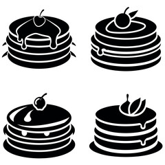 Four Black and White Pancake Stacks with Cherry Toppings and Drizzled Syrup