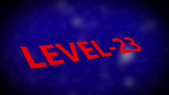 3d text level concept. Level 23 text animation with holographic gradient and dot pattern on black background