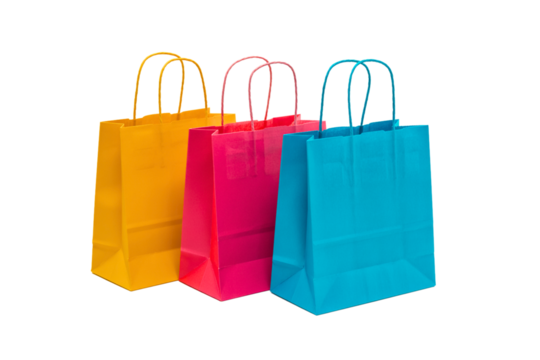 Brightly colored shopping bags isolated on a transparent background. perfect for retail, shopping, or gift-related themes in stock photos.