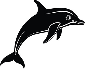 A sleek black dolphin silhouette leaps gracefully against a clean white background