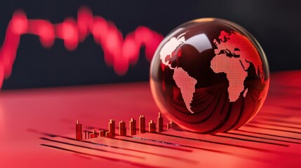 Global Economic Downturn World Recession Represented by Falling Stock Market Graph and Glass Globe