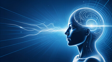 psychic abilities, depiction of telepathic communication and mind power on a tranquil blue canvas with swirling energy lines and space for text