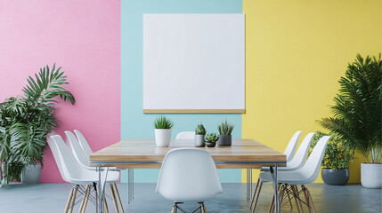 Modern Dining Room with Pastel Walls Blank Canvas Plants