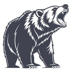 Ferocious grizzly bear roaring in threatening stance ready to attack against white background