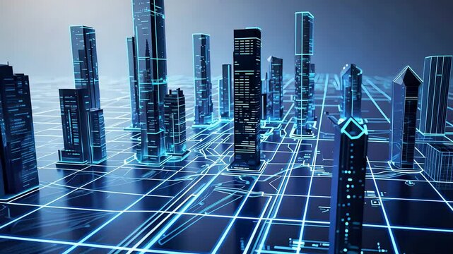 Blue-lit futuristic digital city layout with skyscrapers and high-tech infrastructure grid in virtual environment