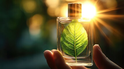 A glass perfume bottle with a vibrant green leaf inside, held against a blurred natural background.