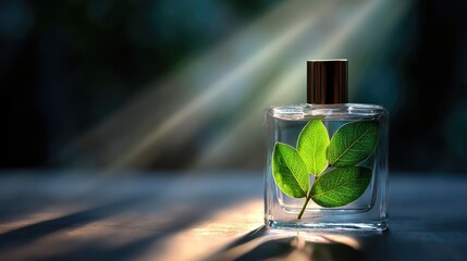 Clear glass bottle with fresh green leaves.