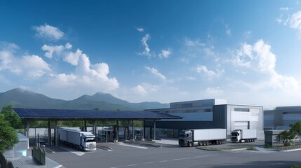 A modern logistics center showcasing trucks and a sleek building under a clear sky. This image represents urban transportation and efficient supply chain solutions. AI.