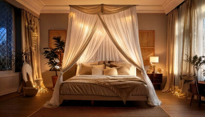 Luxurious ambient bedroom featuring canopy bed adorned with soft lighting, creating romantic and inviting atmosphere