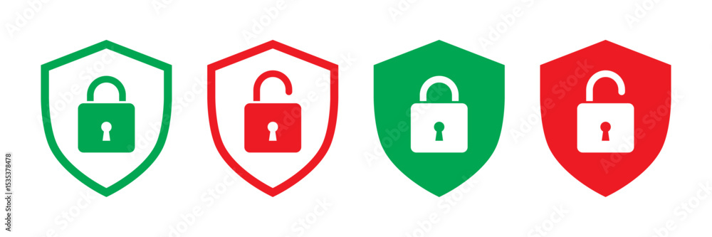 Poster lock and unlock security shield icons in red and green vector set.