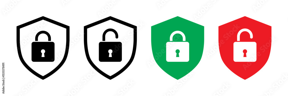 Poster security shield icons with lock and unlock symbols vector cyber protection and access control set.