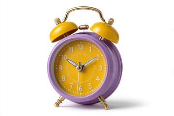 Closeup of a purple and yellow twin bell alarm clock on a white background