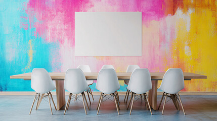 Modern dining room with colorful wall art blank poster and wooden table