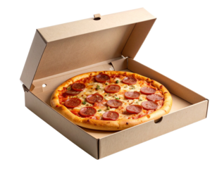 Personal Meat Pizza in Cardboard Box with Lid Opened, Isolated on Transparent Background